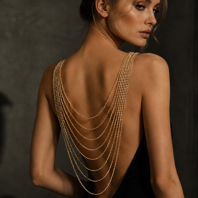 Body Jewelry For Backless Dress - Rantai Punggung Berhias Kristal Rhinestone Multi